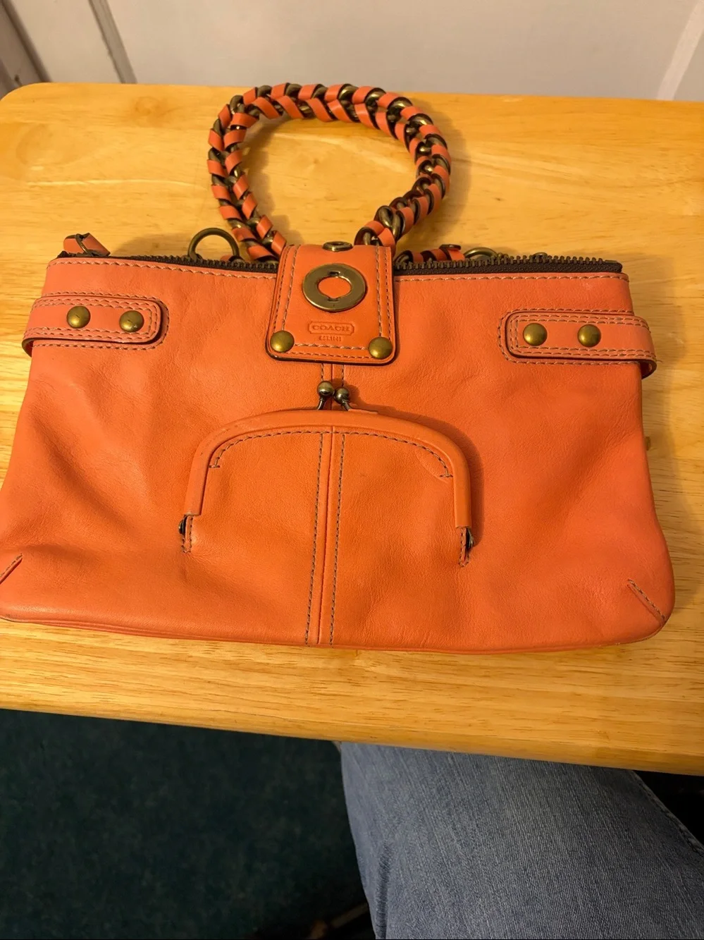 Orange Leather Shoulder Bag with Brass Hardware - Picture 2 of 5